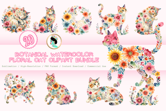 Download Botanical Floral Cat Clipart Bundle PNG - Clipart bundle Collection