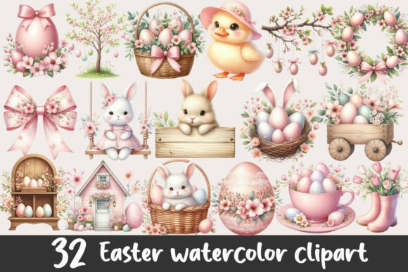 Download Pink Easter Watercolor Clipart Bundle - Clipart bundle Collection
